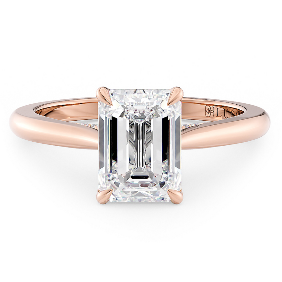 Load image into Gallery viewer, LUCCE Cathedral Emerald Diamond Solitaire Engagement Ring with Petal Prongs and Hidden Accent Stones in Gold or Platinum
