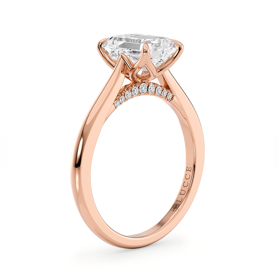 Load image into Gallery viewer, LUCCE Cathedral Emerald Diamond Solitaire Engagement Ring with Petal Prongs and Hidden Accent Stones in Gold or Platinum
