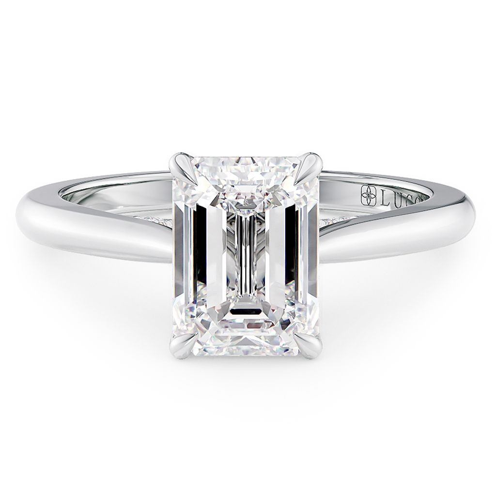 Load image into Gallery viewer, LUCCE Cathedral Emerald Diamond Solitaire Engagement Ring with Petal Prongs and Hidden Accent Stones in Gold or Platinum
