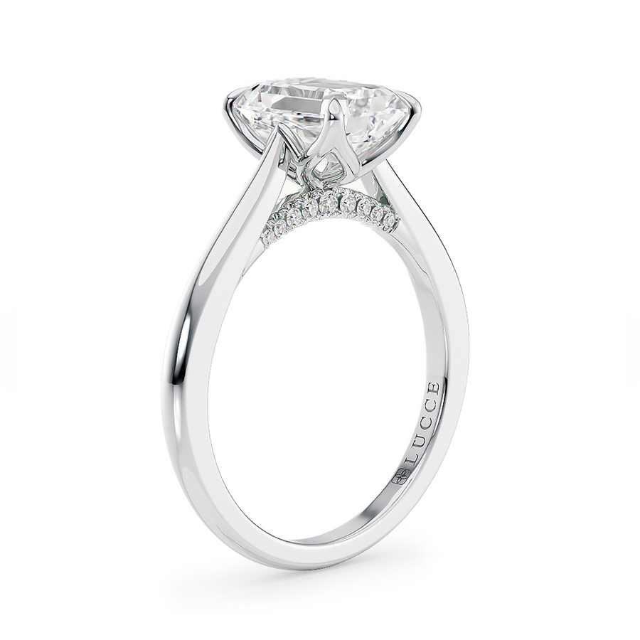 Load image into Gallery viewer, LUCCE Cathedral Emerald Diamond Solitaire Engagement Ring with Petal Prongs and Hidden Accent Stones in Gold or Platinum
