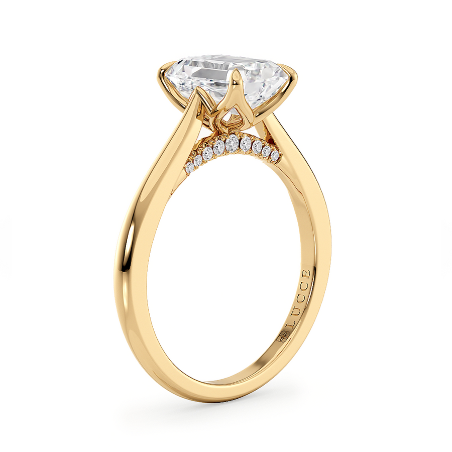 Load image into Gallery viewer, LUCCE Cathedral Emerald Diamond Solitaire Engagement Ring with Petal Prongs and Hidden Accent Stones in Gold or Platinum

