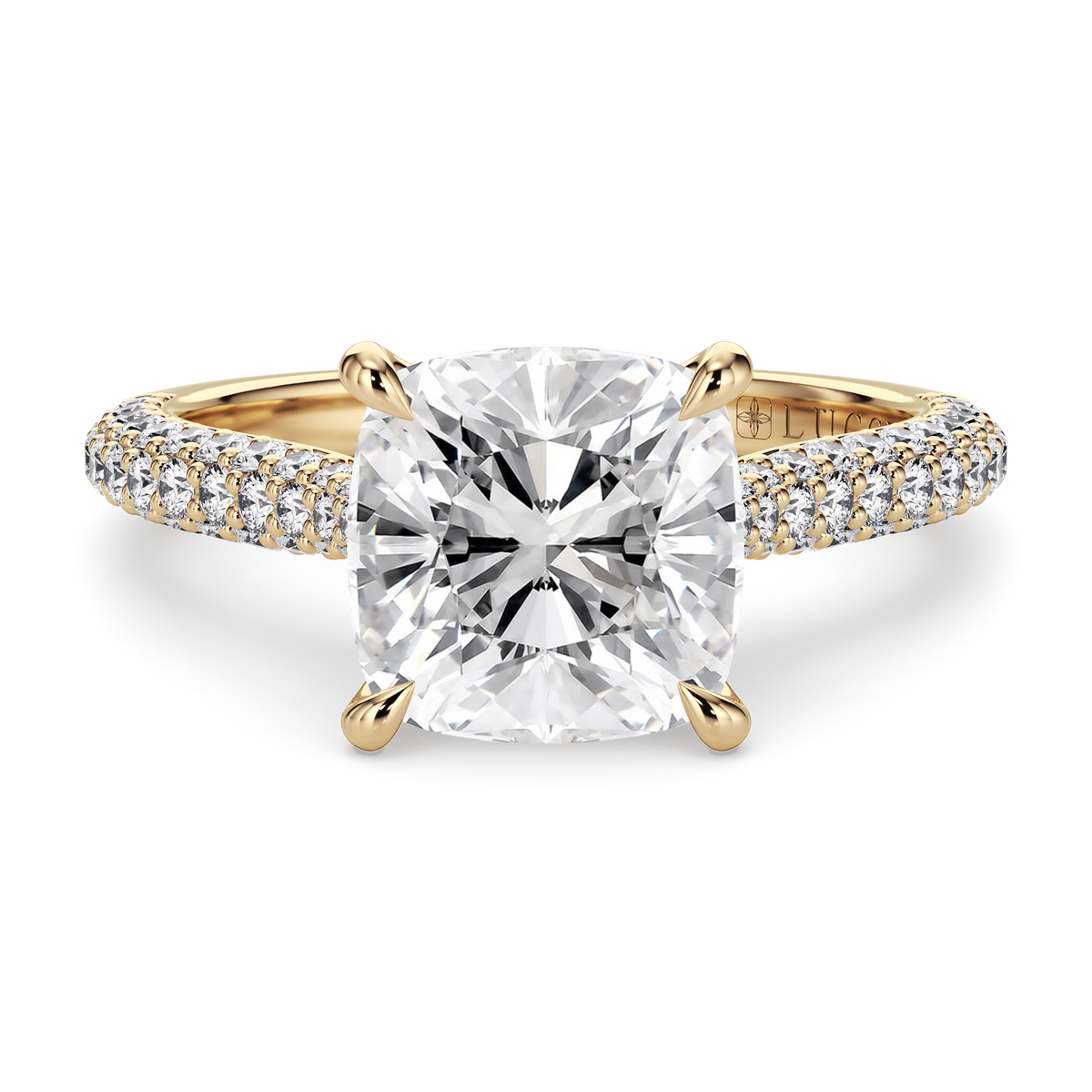 Load image into Gallery viewer, LUCCE Cathedral Cushion Diamond Tri-row Pavé Engagement Ring with Petal Prongs and Hidden Accent Stones in Gold or Platinum
