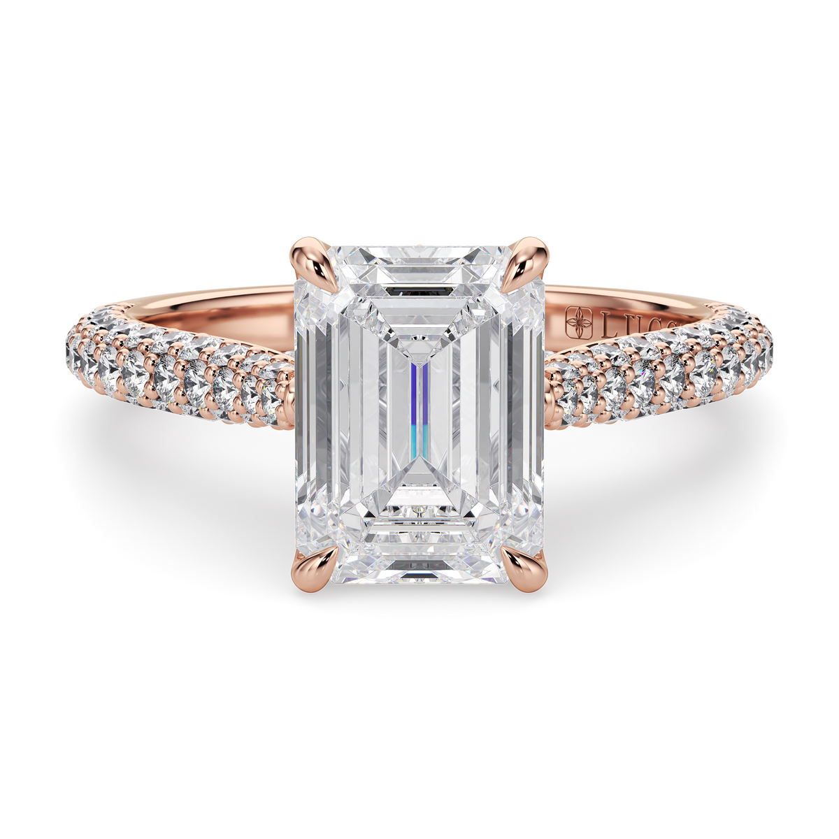 Load image into Gallery viewer, LUCCE Cathedral Emerald Diamond Tri-row Pavé Engagement Ring with Petal Prongs and Hidden Accent Stones in Gold or Platinum
