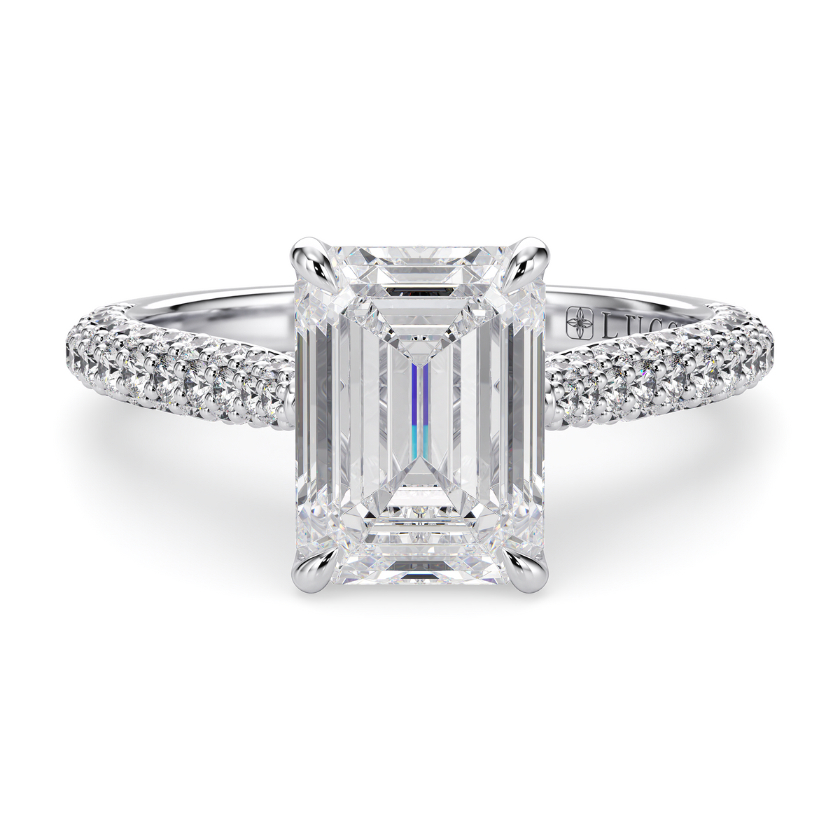 Load image into Gallery viewer, LUCCE Cathedral Emerald Diamond Tri-row Pavé Engagement Ring with Petal Prongs and Hidden Accent Stones in Gold or Platinum
