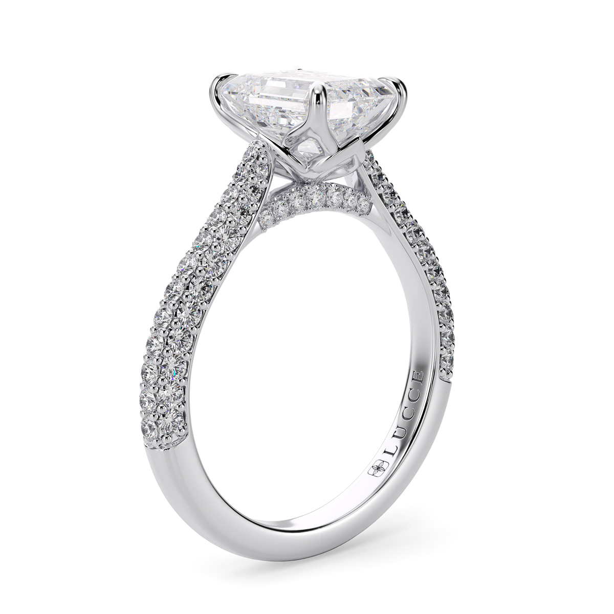 Load image into Gallery viewer, LUCCE Cathedral Radiant Diamond Tri-row Pave Engagement Ring with Petal Prongs and Hidden Accent Stones in Gold or Platinum
