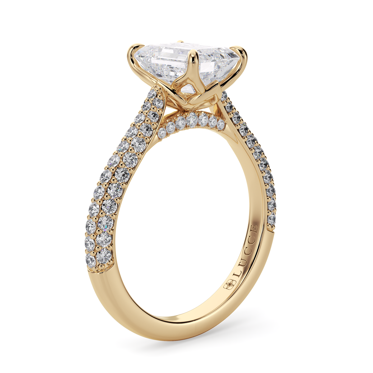 Load image into Gallery viewer, LUCCE Cathedral Radiant Diamond Tri-row Pave Engagement Ring with Petal Prongs and Hidden Accent Stones in Gold or Platinum
