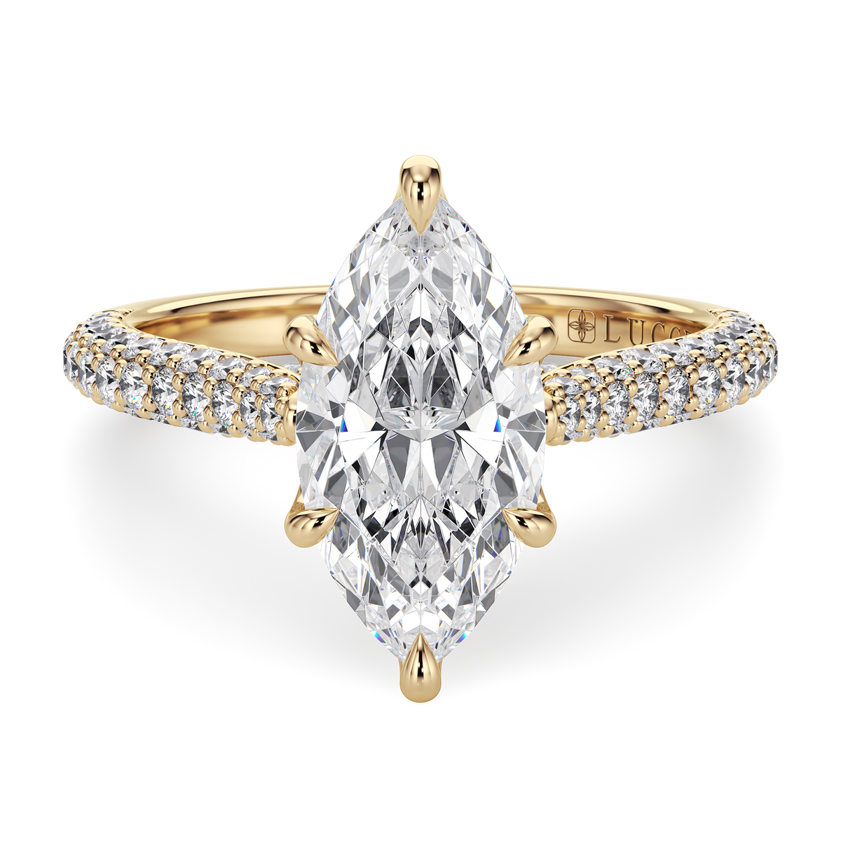 Load image into Gallery viewer, LUCCE Cathedral Marquise Diamond Tri-row Pavé Engagement Ring with Petal Prongs and Hidden Accent Stones in Gold or Platinum

