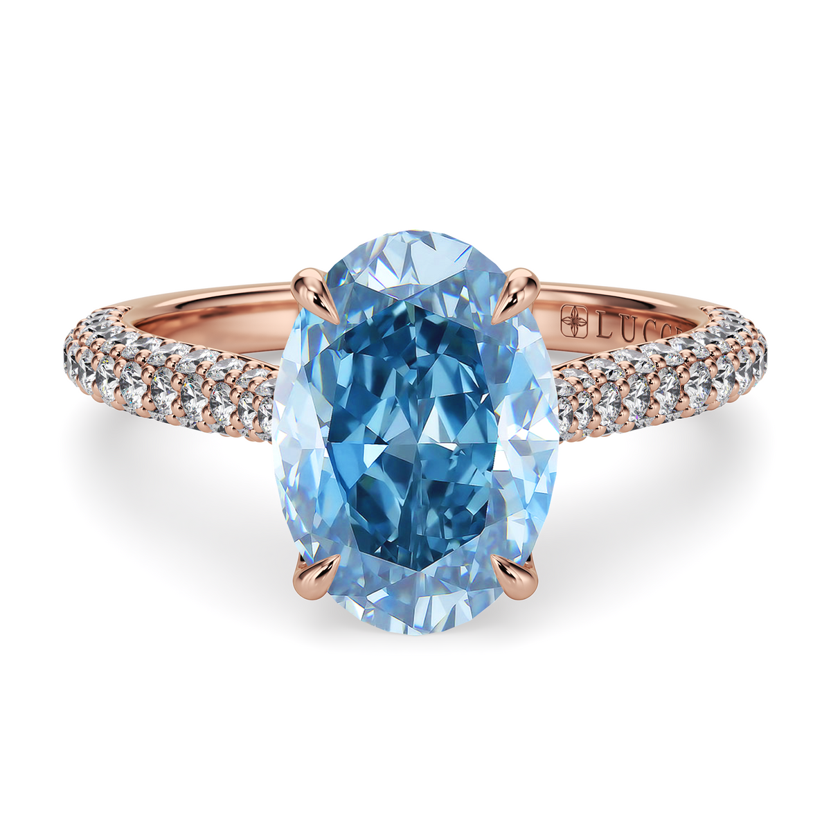 Load image into Gallery viewer, LUCCE Cathedral Oval Blue Diamond Pavé Engagement Ring with Petal Prongs and Hidden Accent Stones in Gold or Platinum
