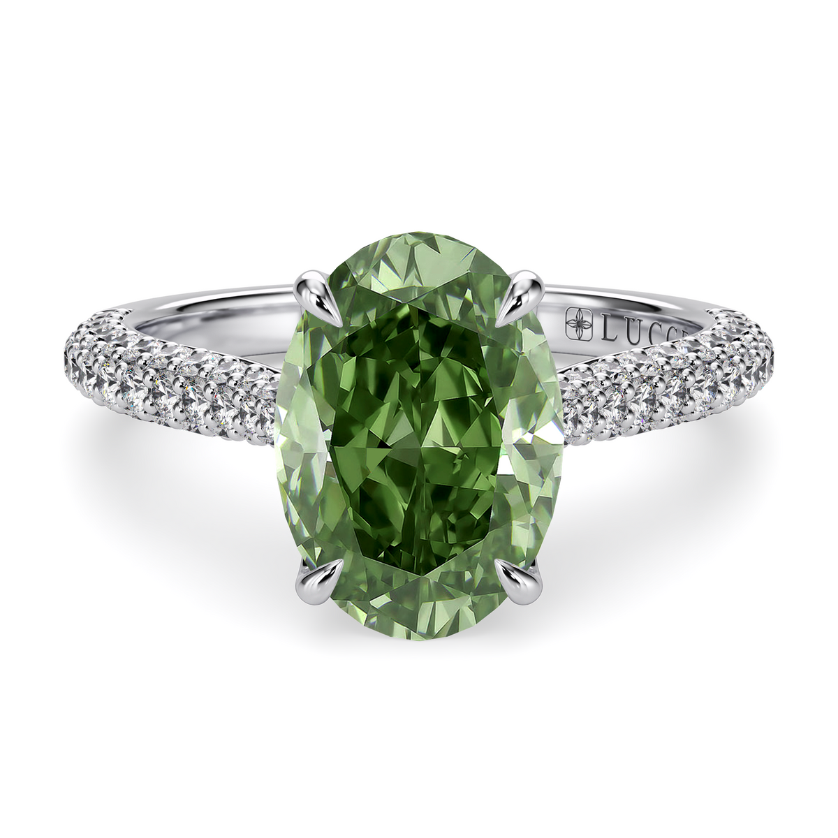 Load image into Gallery viewer, LUCCE Cathedral Oval Green Diamond Pavé Engagement Ring with Petal Prongs and Hidden Accent Stones in Gold or Platinum
