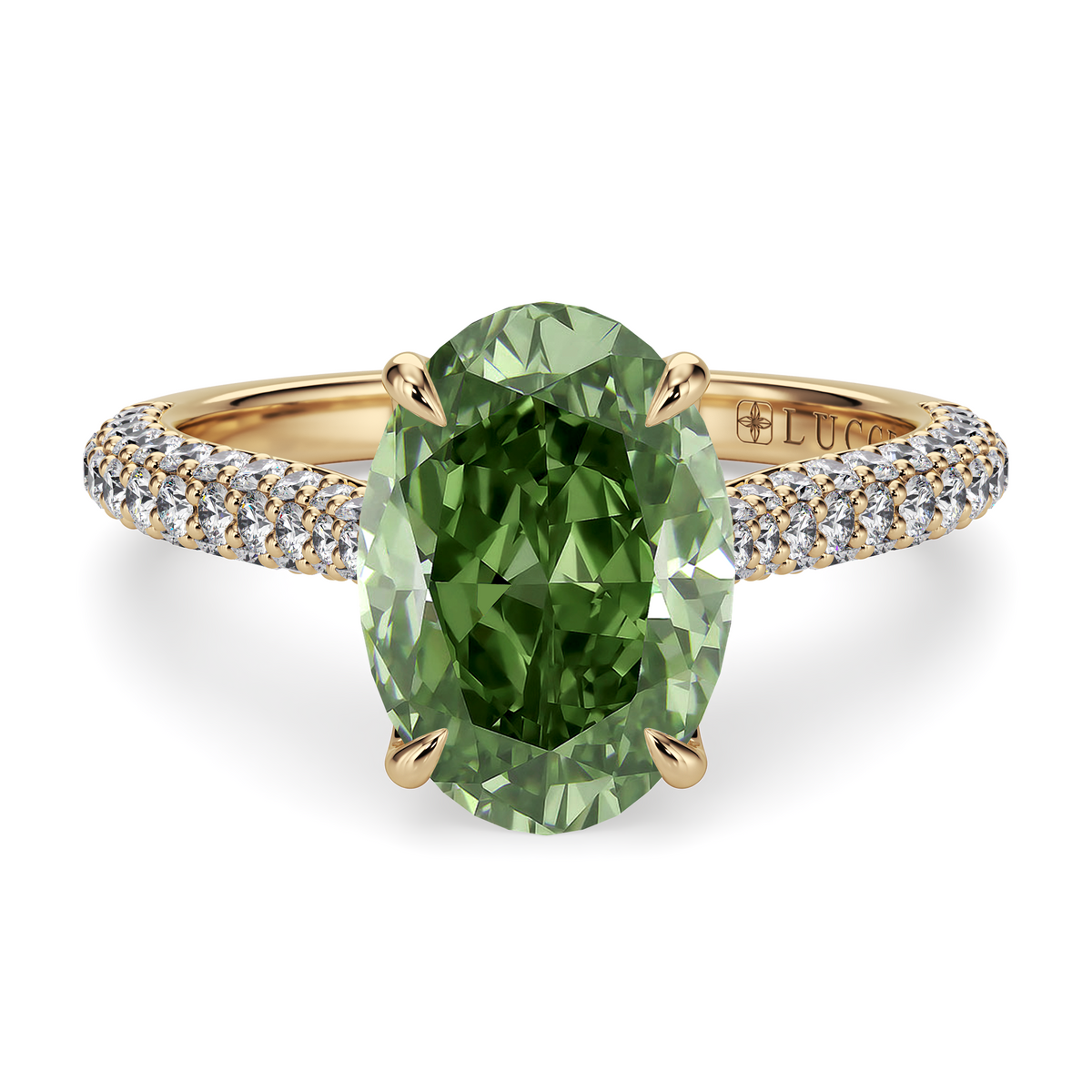 Load image into Gallery viewer, LUCCE Cathedral Oval Green Diamond Pavé Engagement Ring with Petal Prongs and Hidden Accent Stones in Gold or Platinum
