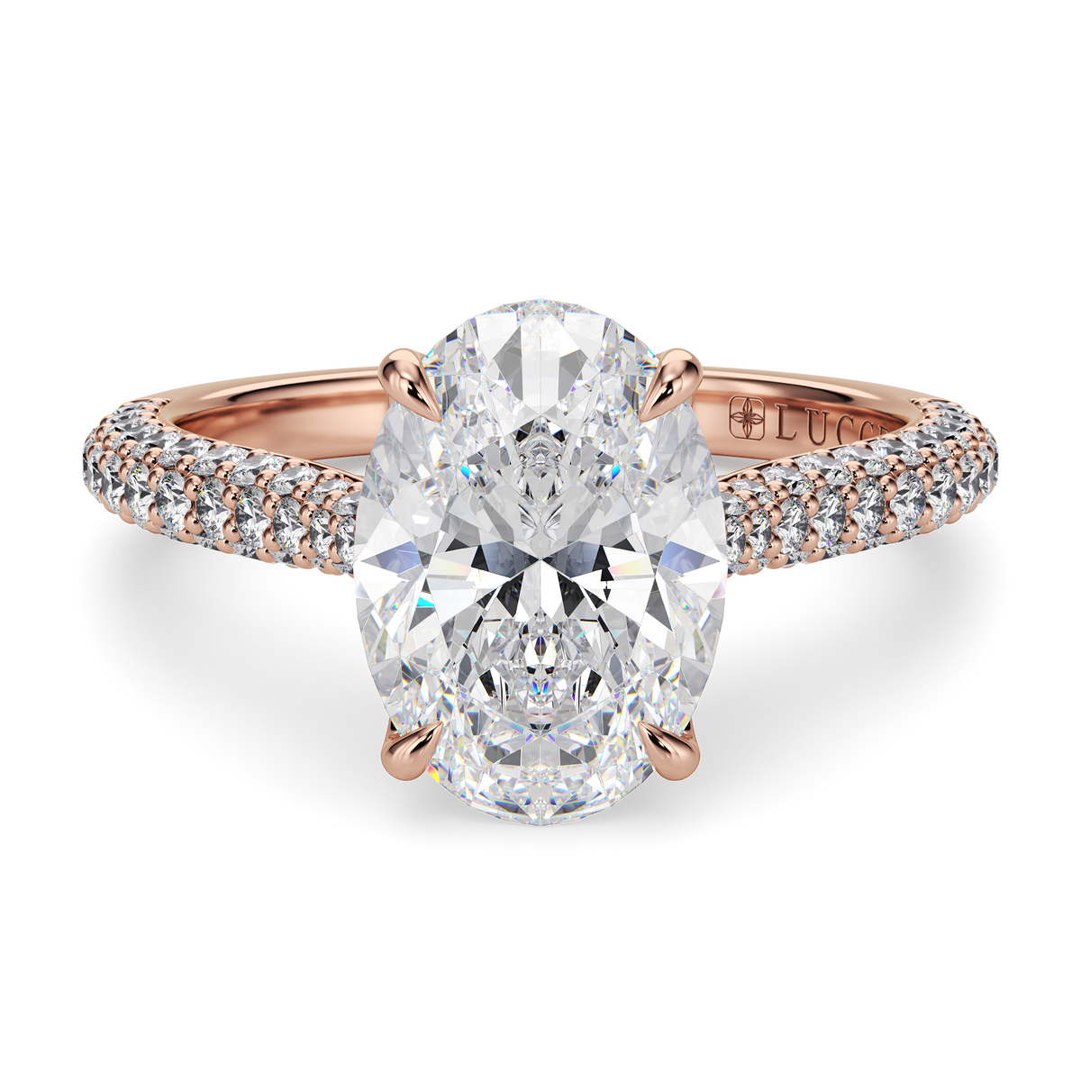 Load image into Gallery viewer, LUCCE Cathedral Oval Diamond Tri-row  Pavé Engagement Ring with Petal Prongs and Hidden Accent Stones in Gold or Platinum
