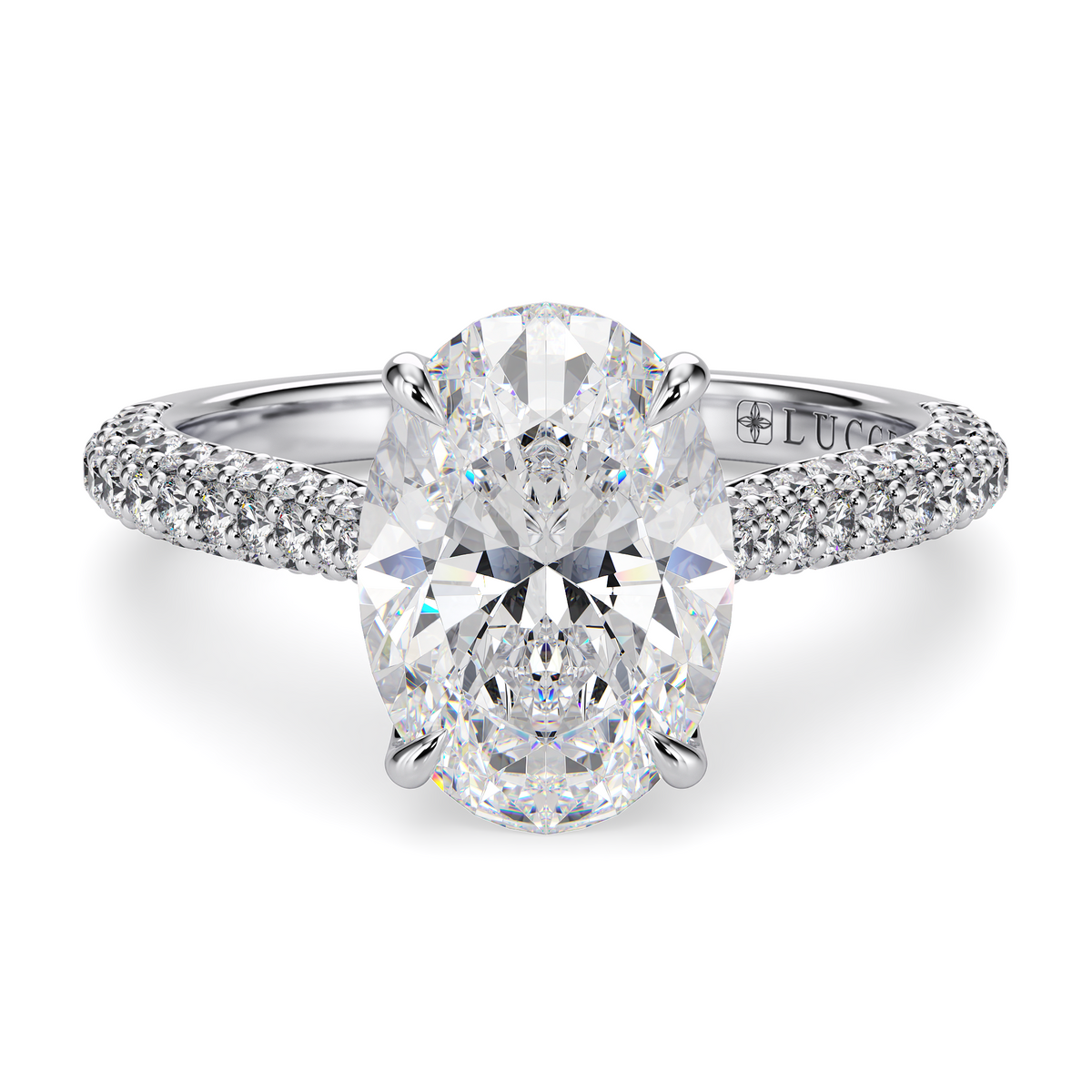 Load image into Gallery viewer, LUCCE Cathedral Oval Diamond Tri-row  Pavé Engagement Ring with Petal Prongs and Hidden Accent Stones in Gold or Platinum
