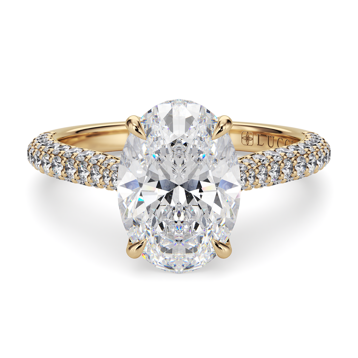 Load image into Gallery viewer, LUCCE Cathedral Oval Diamond Tri-row Pavé Engagement Ring with Petal Prongs and Hidden Accent Stones in Gold or Platinum
