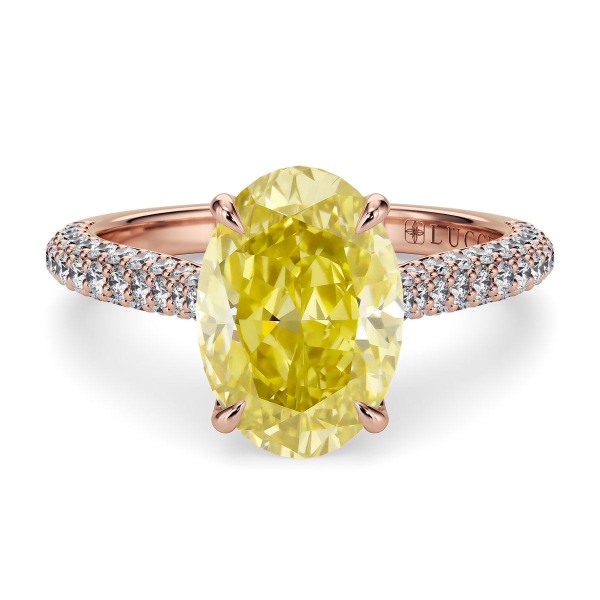 Load image into Gallery viewer, LUCCE Cathedral Oval Yellow Diamond Pavé Engagement Ring with Petal Prongs and Hidden Accent Stones in Gold or Platinum
