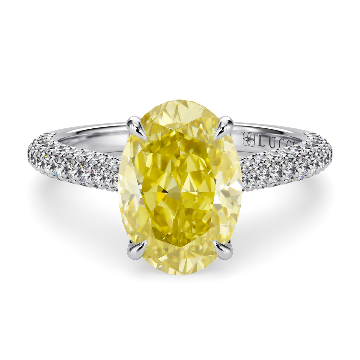 Load image into Gallery viewer, LUCCE Cathedral Oval Yellow Diamond Pavé Engagement Ring with Petal Prongs and Hidden Accent Stones in Gold or Platinum
