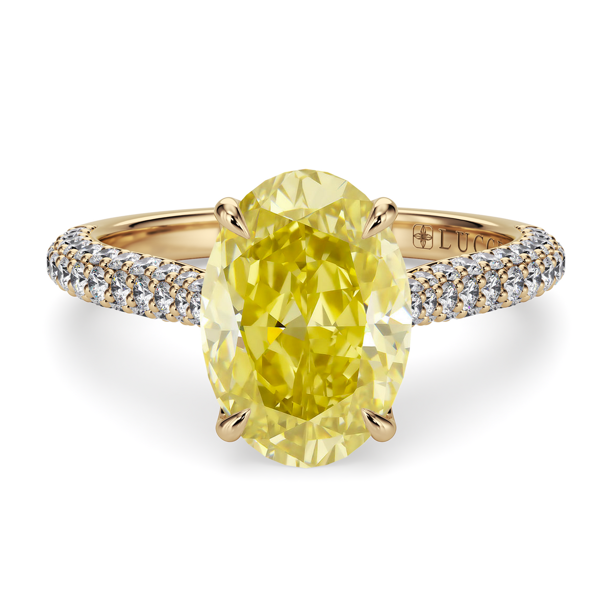Load image into Gallery viewer, LUCCE Cathedral Oval Yellow Diamond Pavé Engagement Ring with Petal Prongs and Hidden Accent Stones in Gold or Platinum

