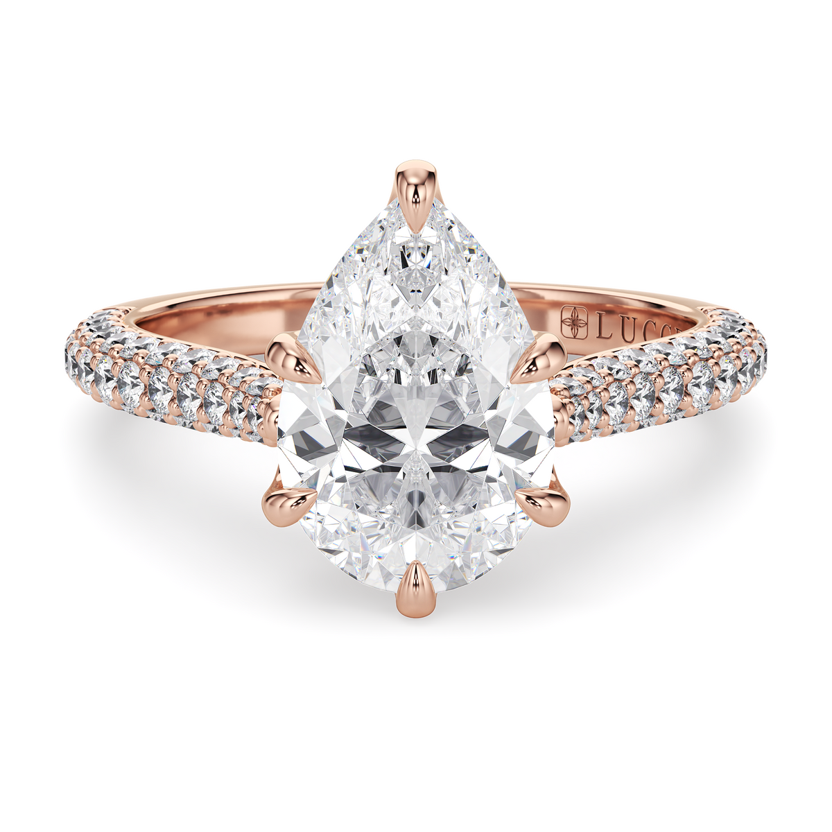 Load image into Gallery viewer, LUCCE Cathedral Pear Diamond Tri-row Pave Engagement Ring with Petal Prongs and Hidden Accent Stones in Gold or Platinum
