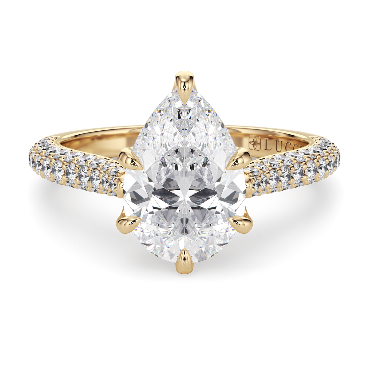 Load image into Gallery viewer, LUCCE Cathedral Pear Diamond Tri-row Pave Engagement Ring with Petal Prongs and Hidden Accent Stones in Gold or Platinum
