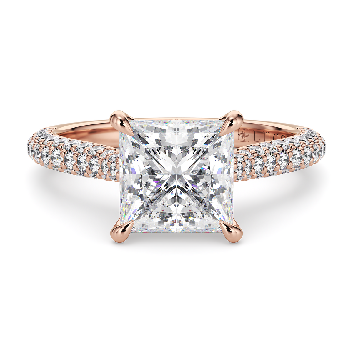 Load image into Gallery viewer, LUCCE Cathedral Princess Diamond Tri-row Pavé Engagement Ring with Petal Prongs and Hidden Accent Stones in Gold or Platinum

