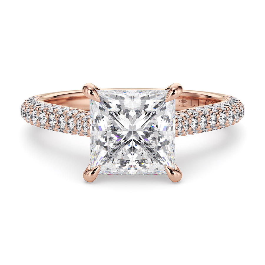Load image into Gallery viewer, LUCCE Cathedral Princess Diamond Tri-row Pavé Engagement Ring with Petal Prongs and Hidden Accent Stones in Gold or Platinum
