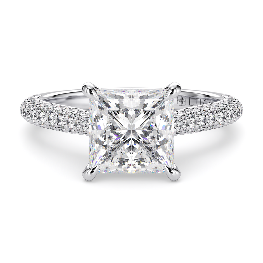 Load image into Gallery viewer, LUCCE Cathedral Princess Diamond Tri-row Pavé Engagement Ring with Petal Prongs and Hidden Accent Stones in Gold or Platinum
