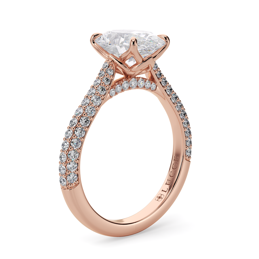 Load image into Gallery viewer, LUCCE Cathedral Oval Diamond Tri-row  Pavé Engagement Ring with Petal Prongs and Hidden Accent Stones in Gold or Platinum
