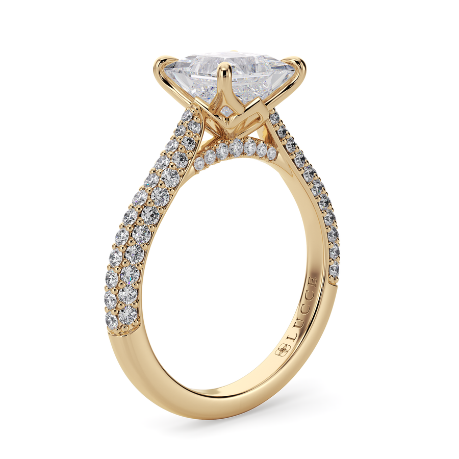 Load image into Gallery viewer, LUCCE Cathedral Princess Diamond Tri-row Pavé Engagement Ring with Petal Prongs and Hidden Accent Stones in Gold or Platinum
