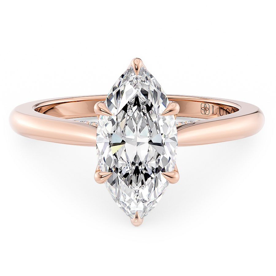 Load image into Gallery viewer, LUCCE Cathedral Marquise Diamond Solitaire Engagement Ring with Petal Prongs and Hidden Accent Stones in Gold or Platinum
