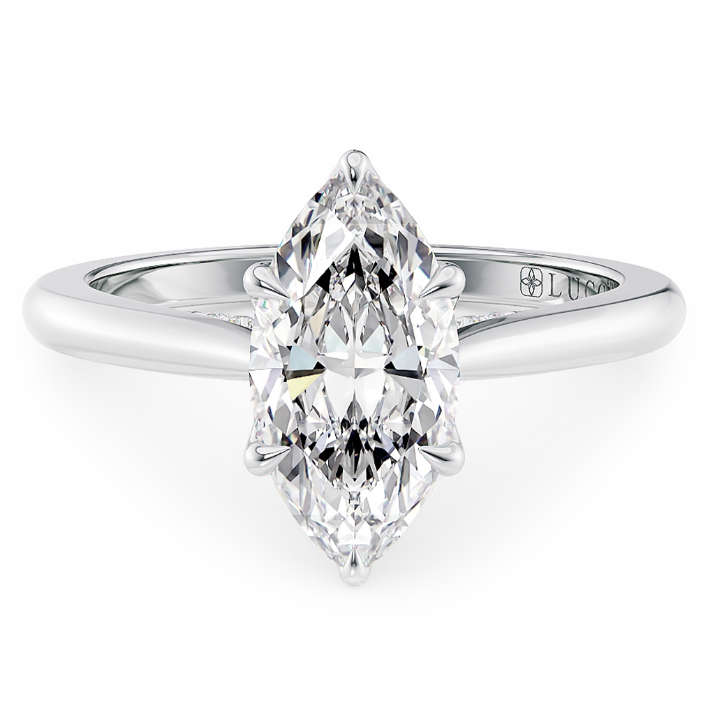 Load image into Gallery viewer, LUCCE Cathedral Marquise Diamond Solitaire Engagement Ring with Petal Prongs and Hidden Accent Stones in Gold or Platinum
