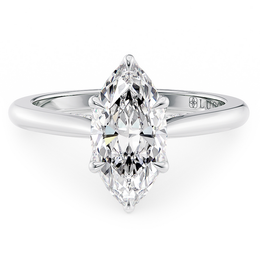 Load image into Gallery viewer, LUCCE Cathedral Marquise Diamond Solitaire Engagement Ring with Petal Prongs and Hidden Accent Stones in Gold or Platinum
