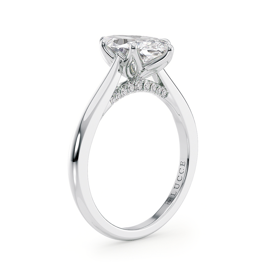 Load image into Gallery viewer, LUCCE Cathedral Marquise Diamond Solitaire Engagement Ring with Petal Prongs and Hidden Accent Stones in Gold or Platinum
