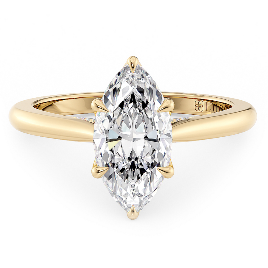 Load image into Gallery viewer, LUCCE Cathedral Marquise Diamond Solitaire Engagement Ring with Petal Prongs and Hidden Accent Stones in Gold or Platinum
