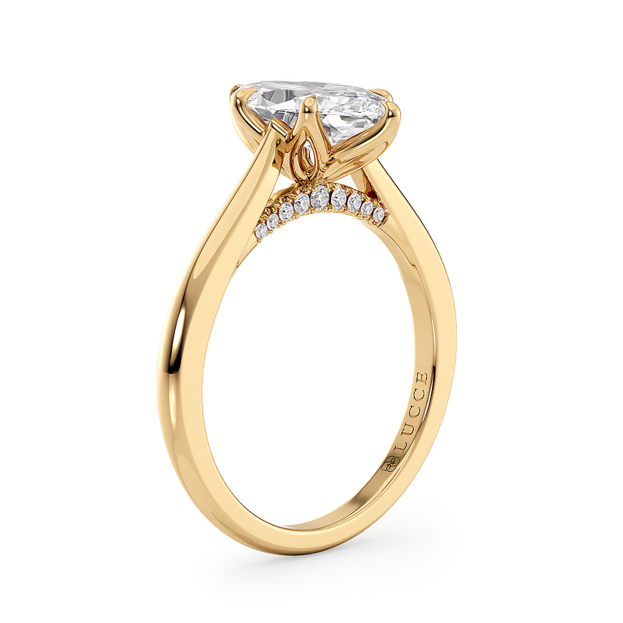 Load image into Gallery viewer, LUCCE Cathedral Marquise Diamond Solitaire Engagement Ring with Petal Prongs and Hidden Accent Stones in Gold or Platinum
