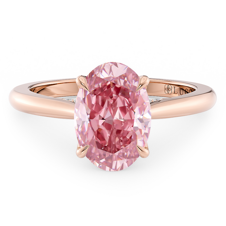 Load image into Gallery viewer, LUCCE Cathedral Oval Pink Diamond Solitaire Engagement Ring with Petal Prongs and Hidden Accent Stones in Gold or Platinum
