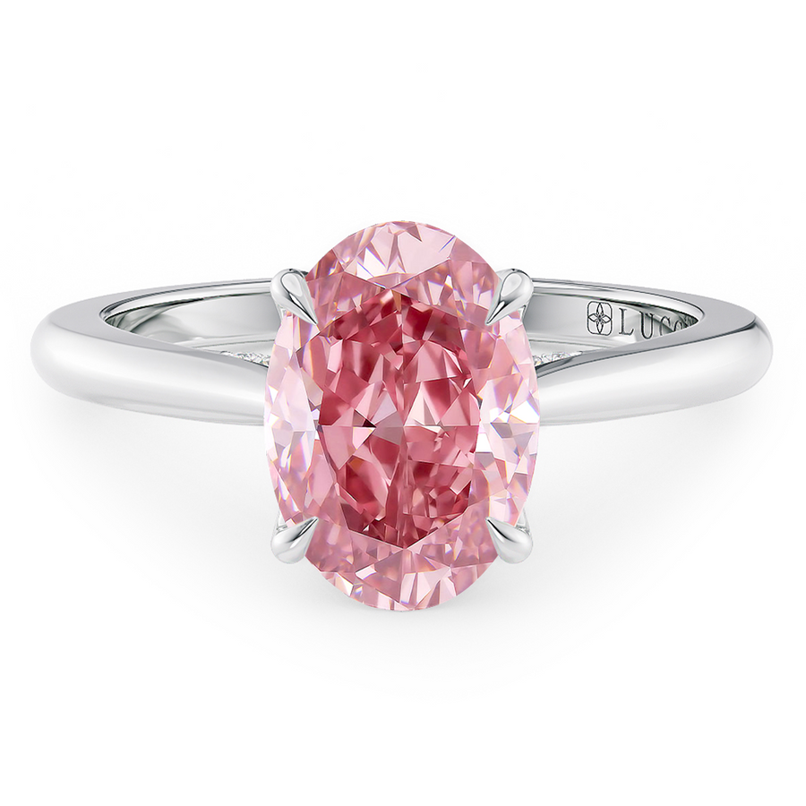 Load image into Gallery viewer, LUCCE Cathedral Oval Pink Diamond Solitaire Engagement Ring with Petal Prongs and Hidden Accent Stones in Gold or Platinum
