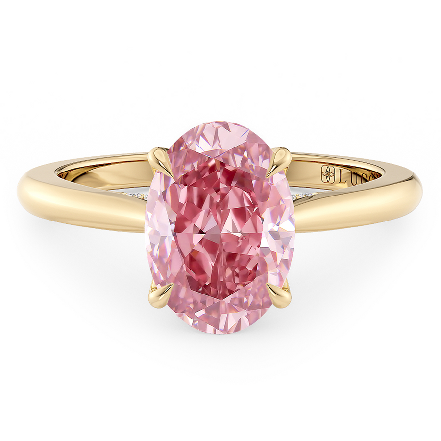 Load image into Gallery viewer, LUCCE Cathedral Oval Pink Diamond Solitaire Engagement Ring with Petal Prongs and Hidden Accent Stones in Gold or Platinum
