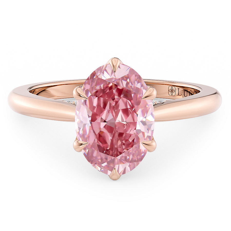 Load image into Gallery viewer, LUCCE Cathedral Oval Pink Diamond Solitaire Engagement Ring with Petal Prongs and Hidden Accent Stones in Gold or Platinum
