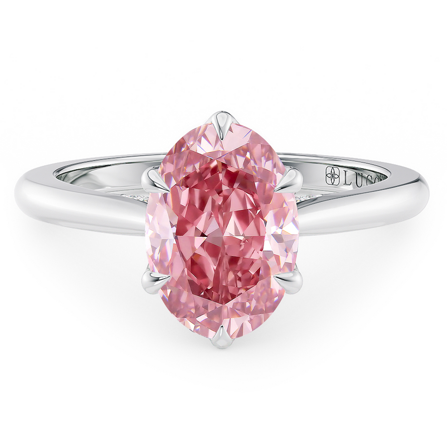 Load image into Gallery viewer, LUCCE Cathedral Oval Pink Diamond Solitaire Engagement Ring with Petal Prongs and Hidden Accent Stones in Gold or Platinum
