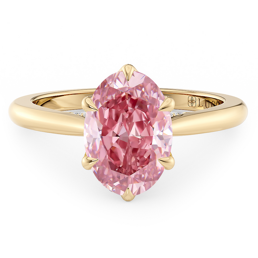 Load image into Gallery viewer, LUCCE Cathedral Oval Pink Diamond Solitaire Engagement Ring with Petal Prongs and Hidden Accent Stones in Gold or Platinum
