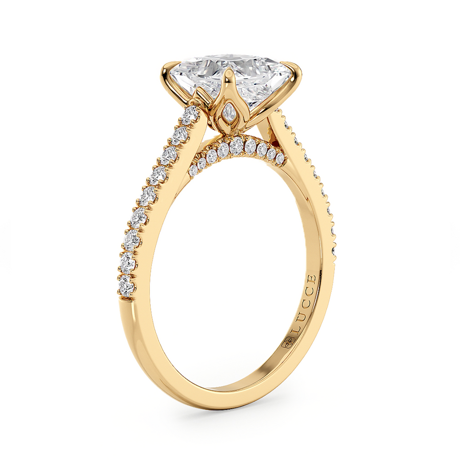 Load image into Gallery viewer, LUCCE Cathedral Cushion Diamond Pavé Engagement Ring with Petal Prongs and Hidden Accent Stones in Gold or Platinum
