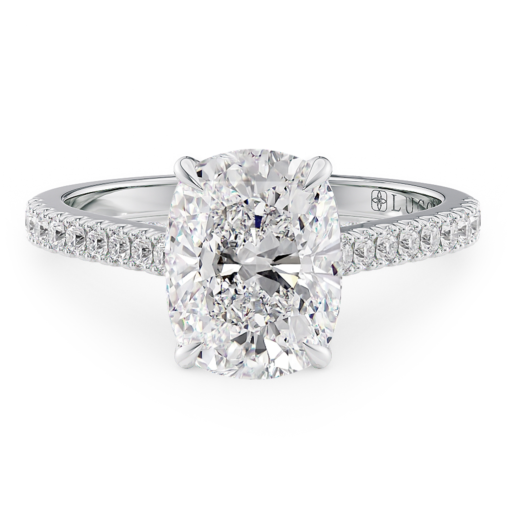 Load image into Gallery viewer, LUCCE Cathedral Cushion Diamond Pavé Engagement Ring with Petal Prongs and Hidden Accent Stones in Gold or Platinum
