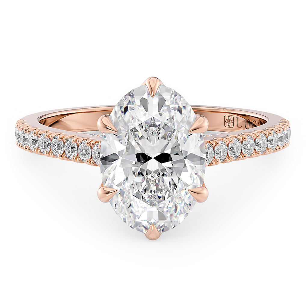 Load image into Gallery viewer, LUCCE Cathedral Oval Diamond Pavé Engagement Ring with Petal Prongs and Hidden Accent Stones in Gold or Platinum
