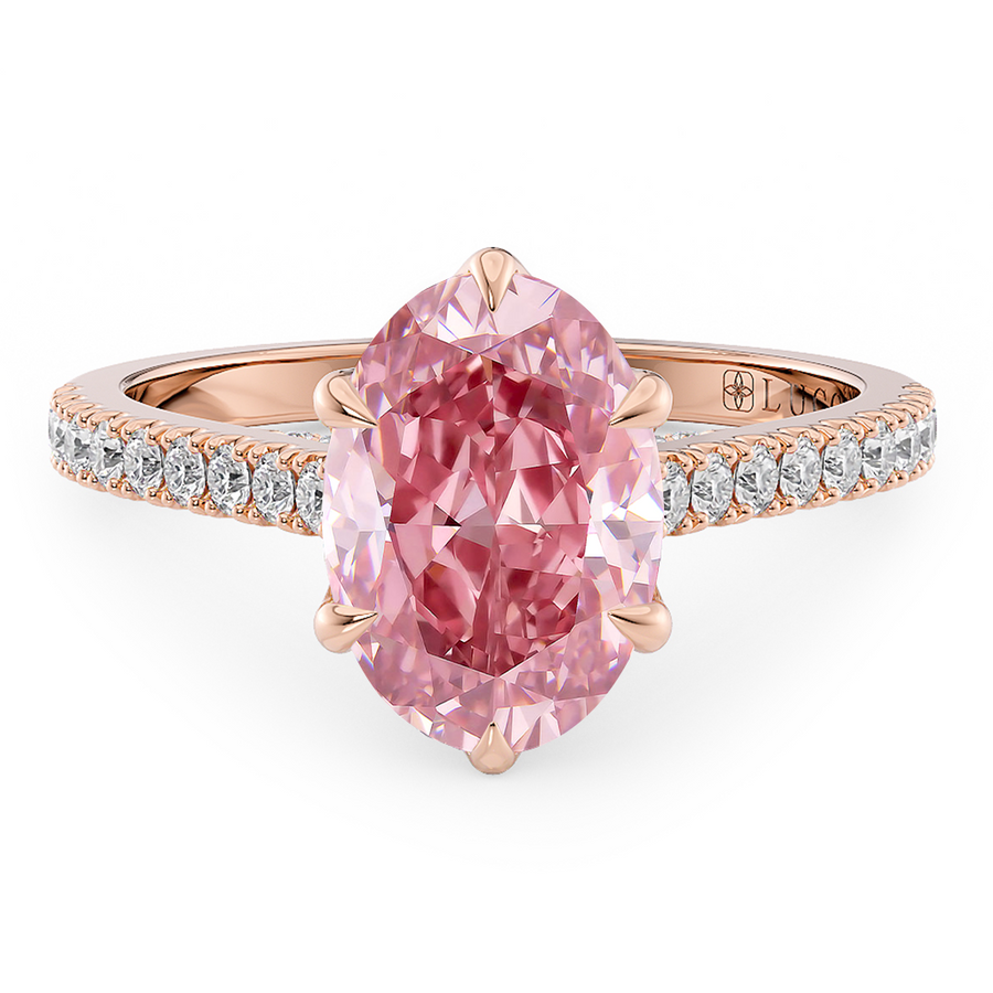 Load image into Gallery viewer, LUCCE Cathedral Oval Pink Diamond Pavé Engagement Ring with Petal Prongs and Hidden Accent Stones in Gold or Platinum
