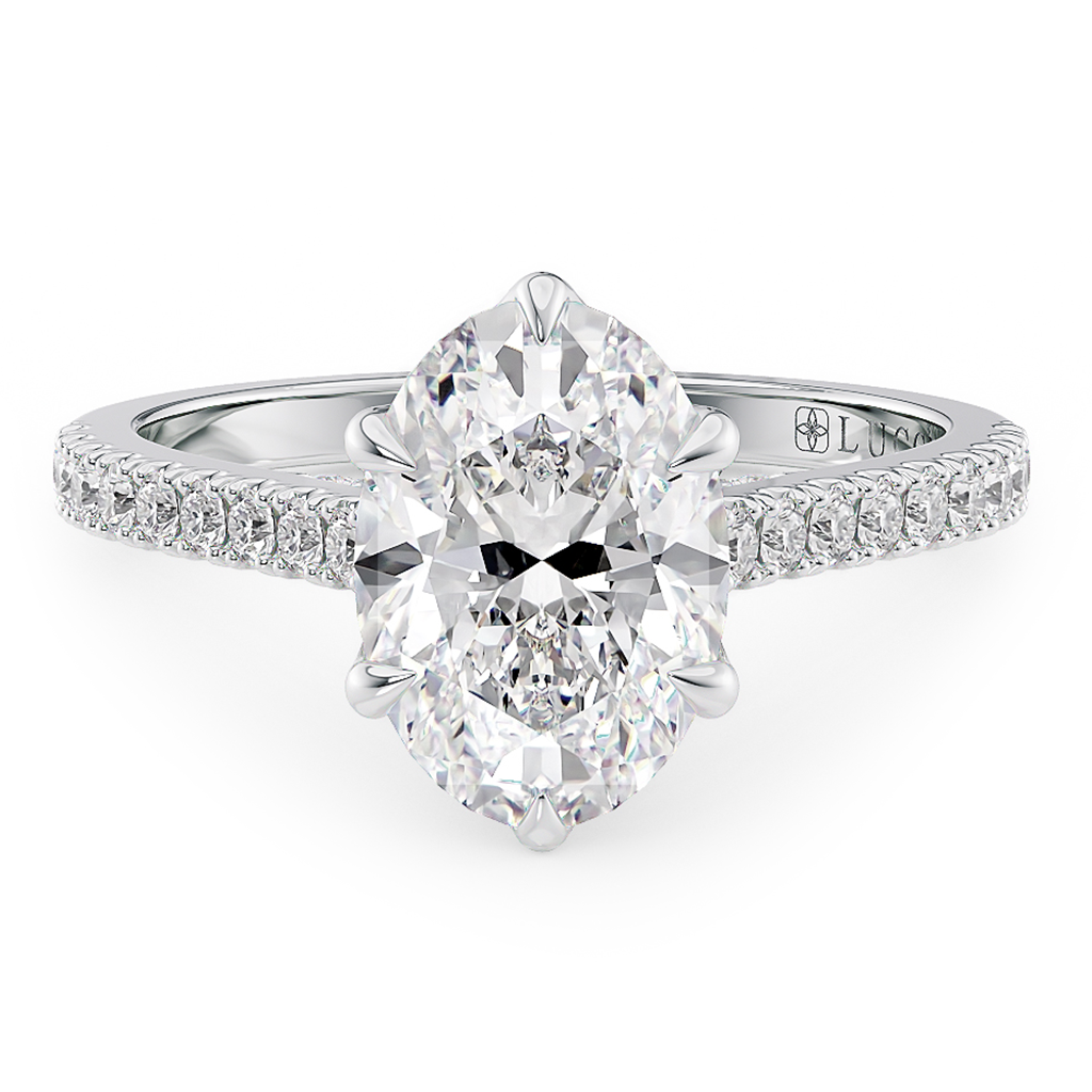 Load image into Gallery viewer, LUCCE Cathedral Oval Diamond Pavé Engagement Ring with Petal Prongs and Hidden Accent Stones in Gold or Platinum
