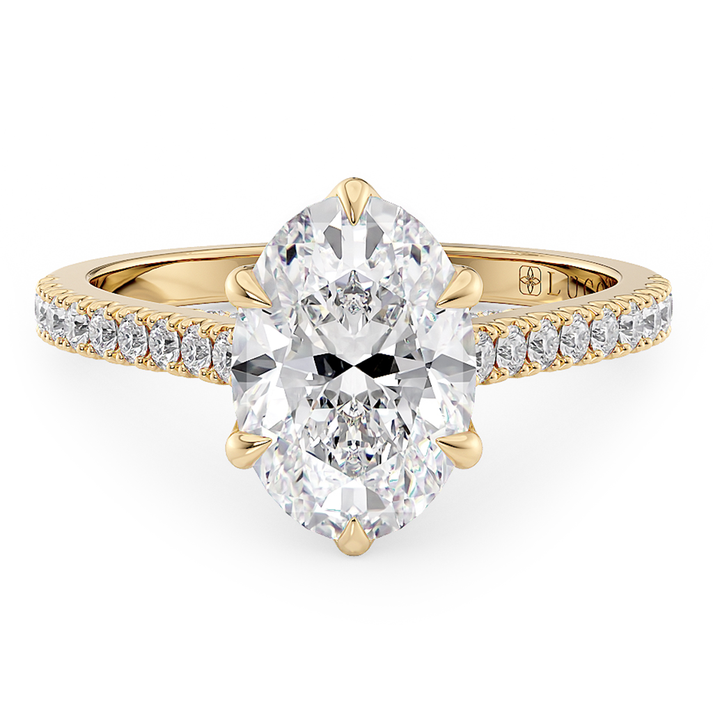 Load image into Gallery viewer, LUCCE Cathedral Oval Diamond Pavé Engagement Ring with Petal Prongs and Hidden Accent Stones in Gold or Platinum
