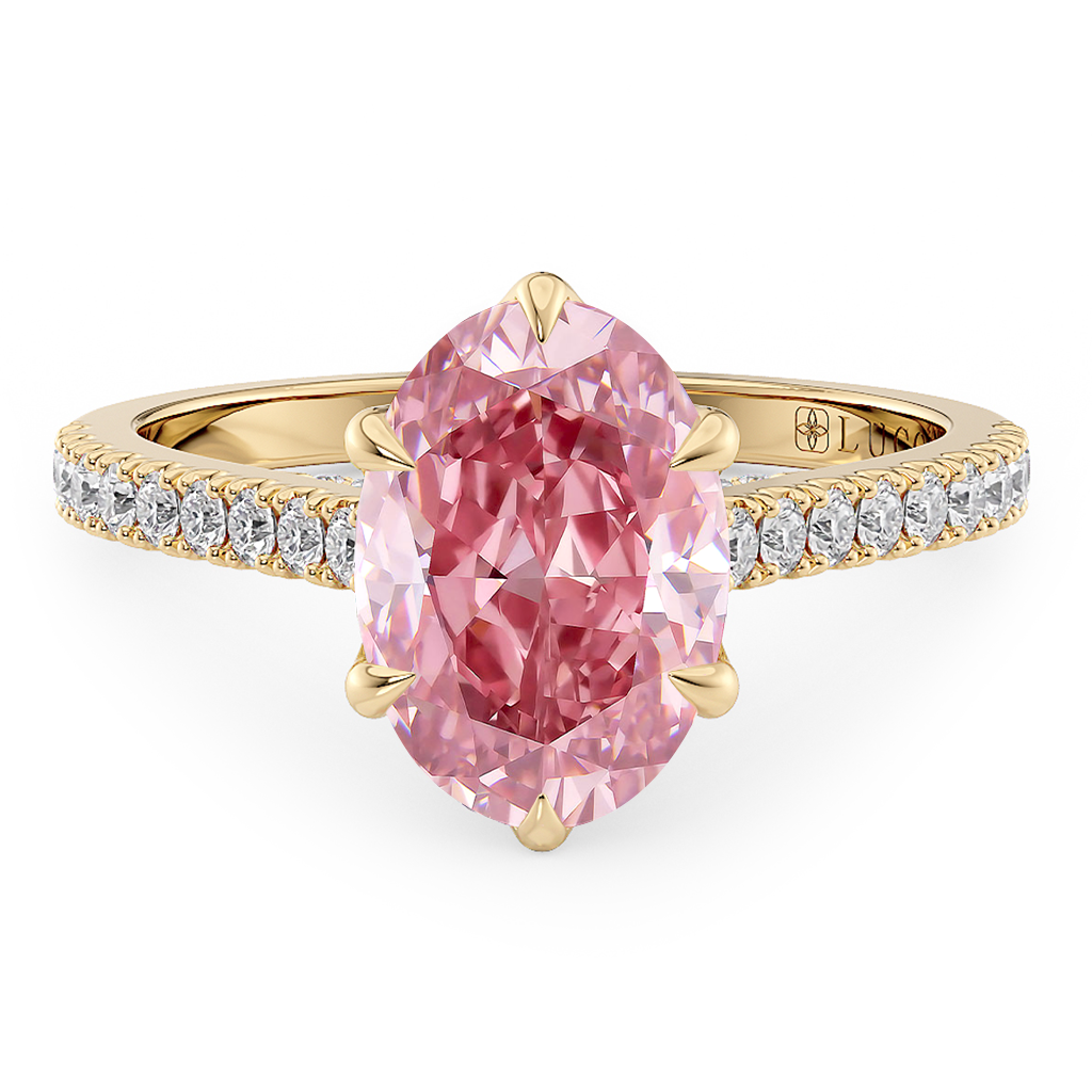 Load image into Gallery viewer, LUCCE Cathedral Oval Pink Diamond Pavé Engagement Ring with Petal Prongs and Hidden Accent Stones in Gold or Platinum
