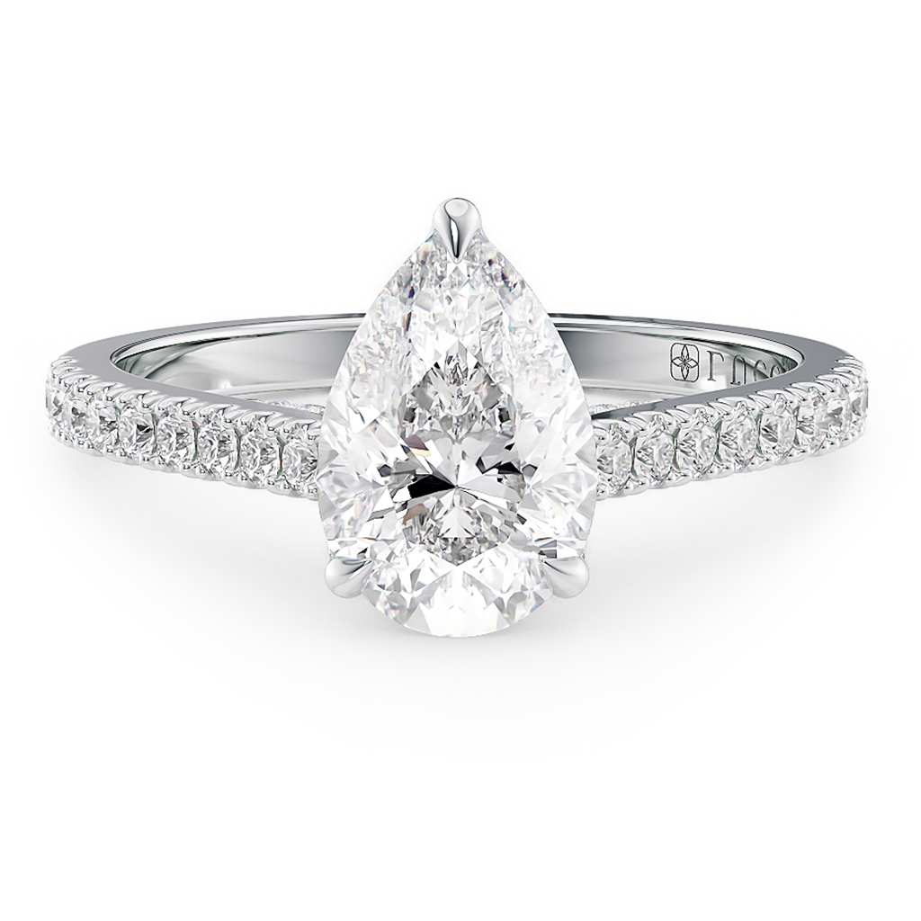Load image into Gallery viewer, LUCCE Cathedral Pear Diamond Pave Engagement Ring with Petal Prongs and Hidden Accent Stones in Gold or Platinum
