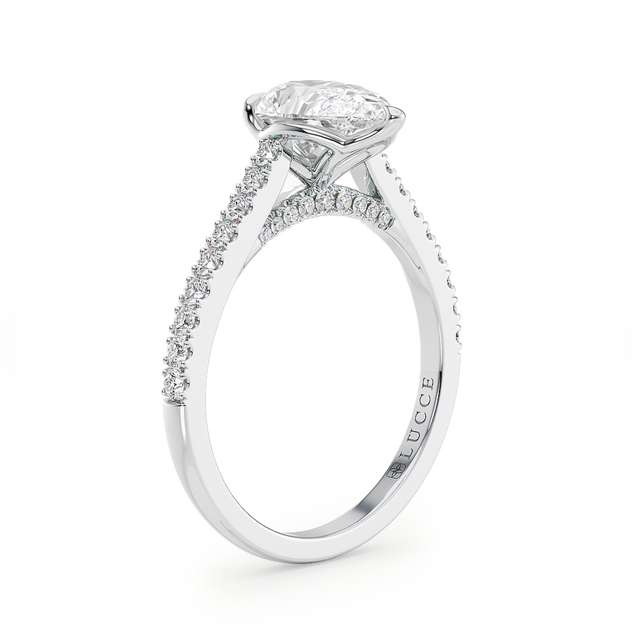 Load image into Gallery viewer, LUCCE Cathedral Pear Diamond Pave Engagement Ring with Petal Prongs and Hidden Accent Stones in Gold or Platinum
