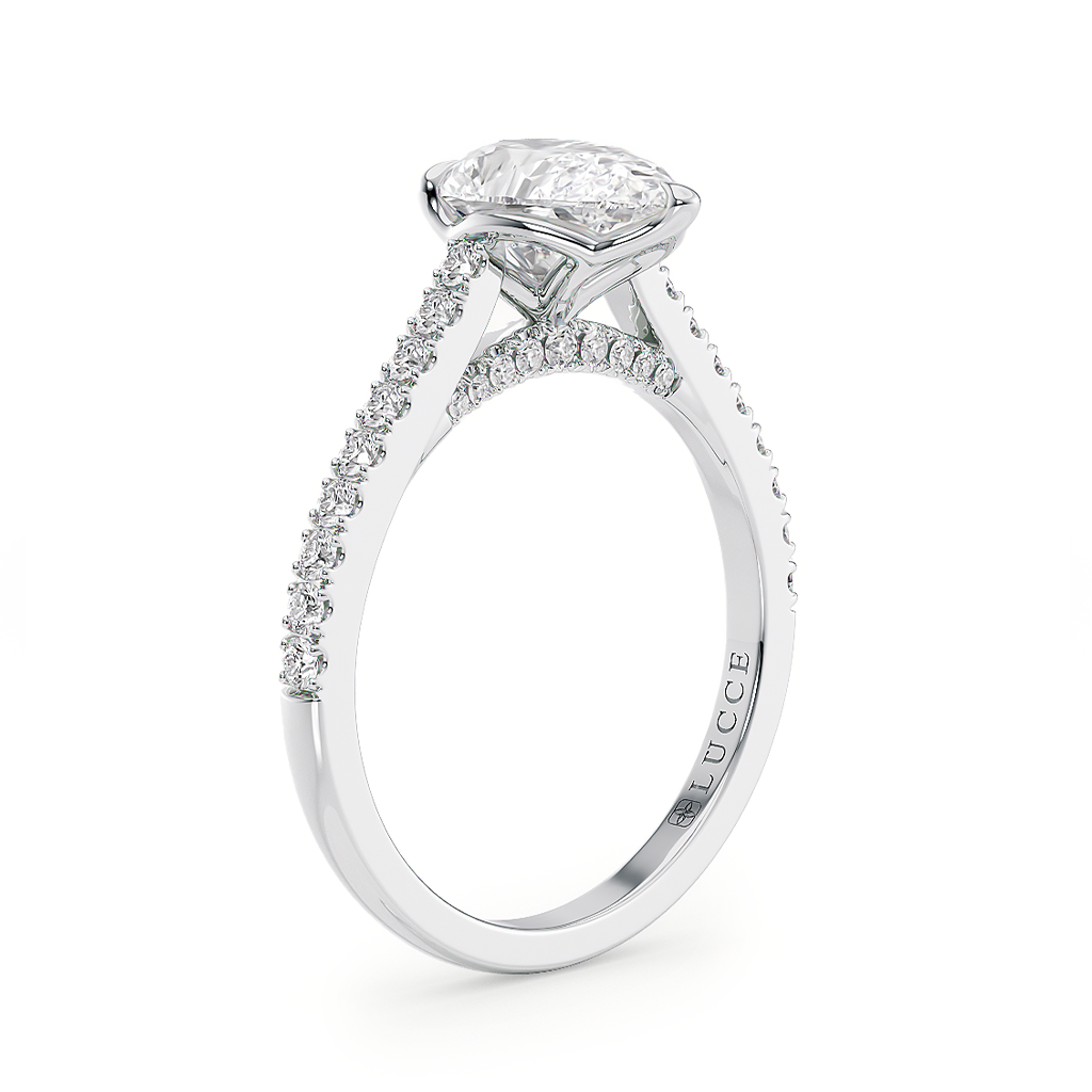 Load image into Gallery viewer, LUCCE Cathedral Pear Diamond Pave Engagement Ring with Petal Prongs and Hidden Accent Stones in Gold or Platinum
