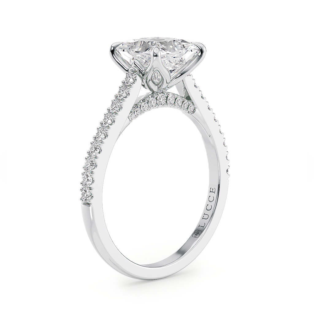 Load image into Gallery viewer, LUCCE Cathedral Oval Diamond Pavé Engagement Ring with Petal Prongs and Hidden Accent Stones in Gold or Platinum
